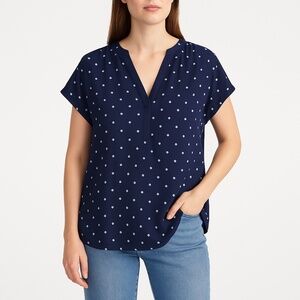H&M L.O.G.G. Navy Polka Dot V-Neck Short Sleeve Blouse Size 8